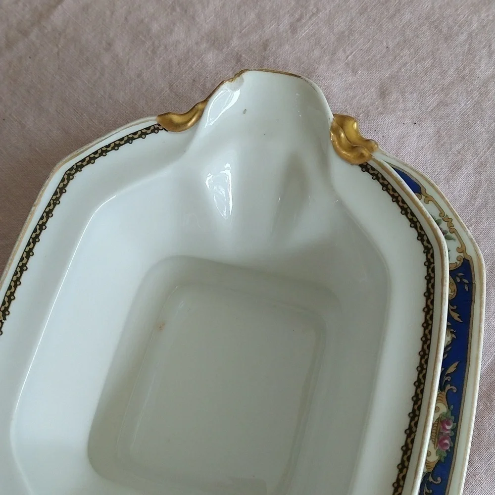 Antique Limoges porcelain navy white gold hand painted gravy boat tray la cloche